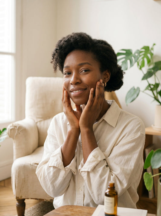 Portrait éditorial en gros plan d'une femme souriant doucement, regard caméra et caressant délicatement sa joue.